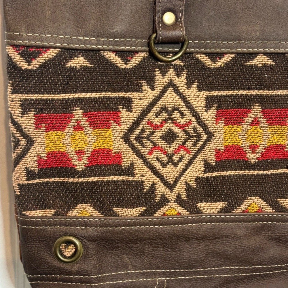 Myra Bag Brick Brown Leather Red Tan Embroidered Cotton Canvas Tote - Picture 3 of 11